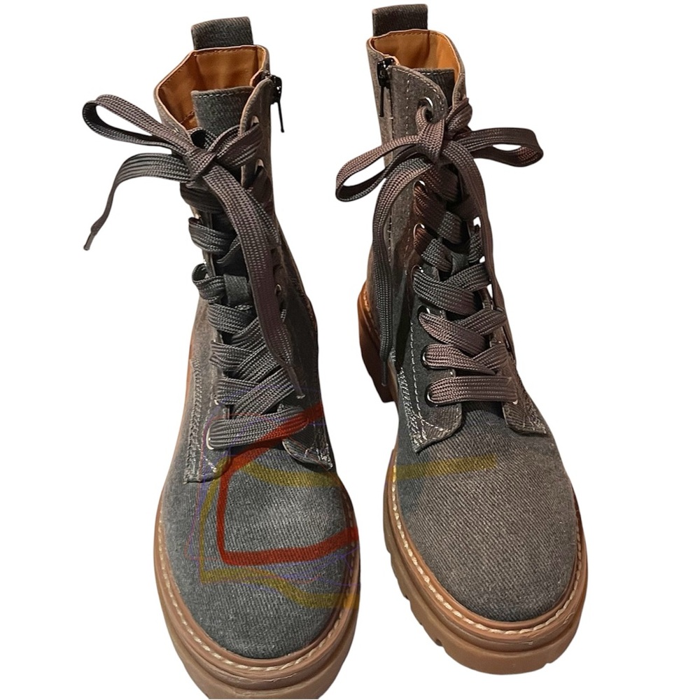 Sun + Stone Womens SZ 8M Ankle Boots Gray Denim Heavy Canvas Side Zip Lug Sole